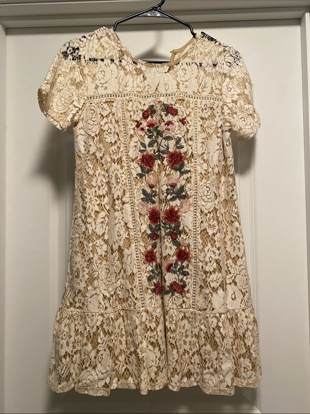 Cream Lace Dress with Red Floral Embroidery